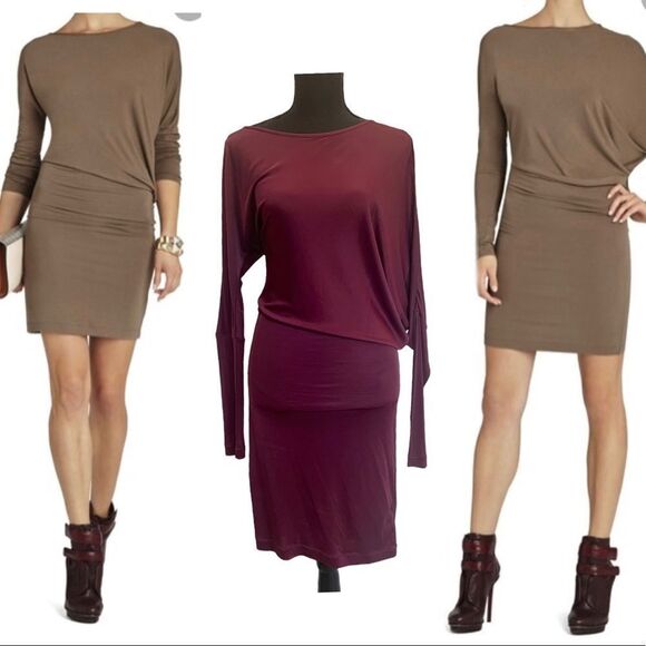 𝅺BCBGMAXAZRIA maroon asymmetrical long sleeve mini dress Sz S - Picture 1 of 8
